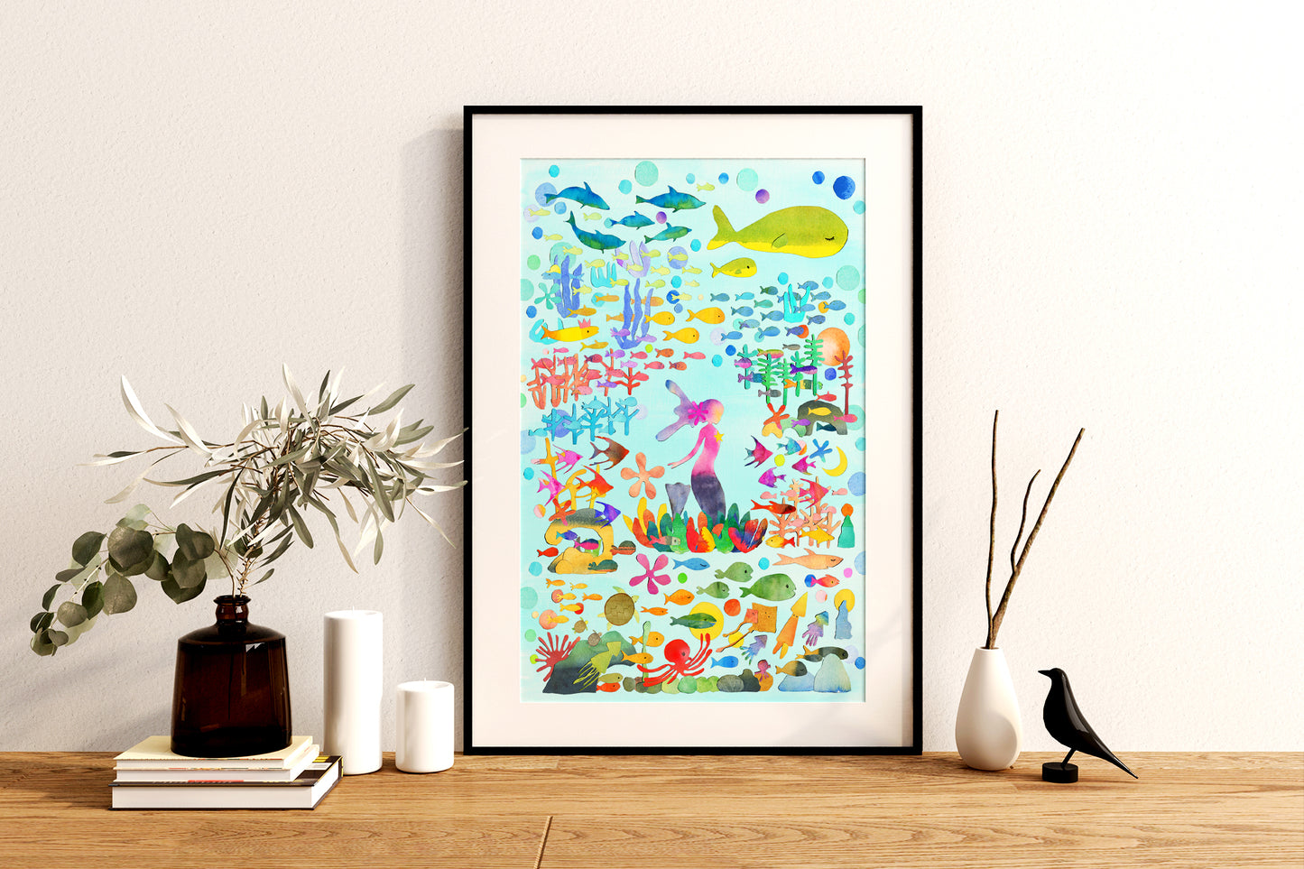 Mermaid and sea creatures A4 ,A3  Set of 2 Prints, Nursery Wall Art, Made in Japan